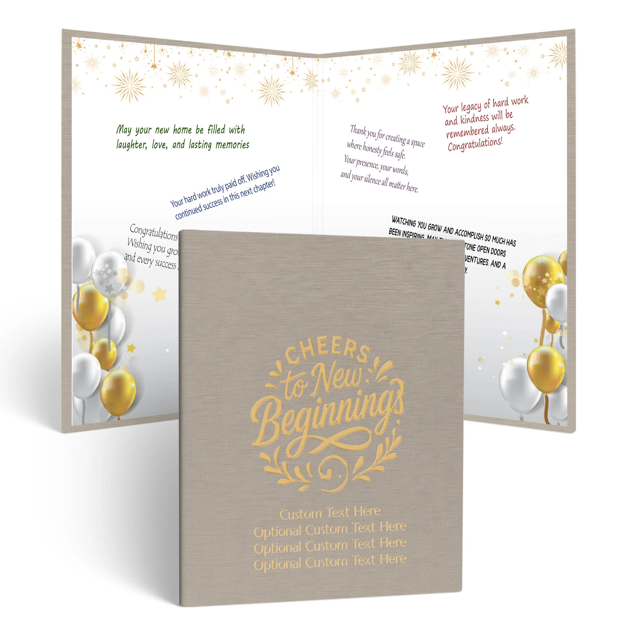 Neutral toned vegan leather multipurpose guest book with a textured cover reading “Cheers to New Beginnings” and customizable lines “Custom Text Here Optional Custom Text Here Optional Custom Text Here Optional Custom Text Here.” Inside, the guest book di